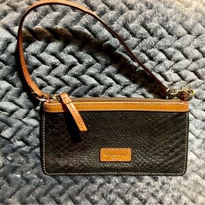 Dooney & Bourke Chocolate Brown and Tan Wristlet. Textured Leather.